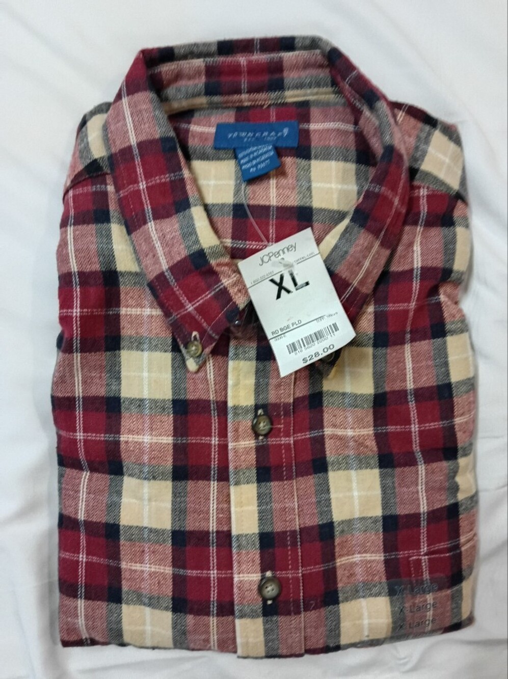 Towncraft Red Cream and Navy Plaid Button-Down Shirt